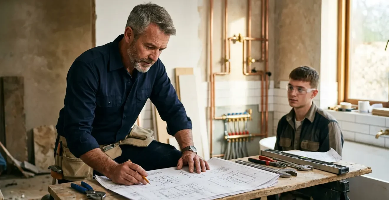 Artisan plombier expérimenté examinant des plans techniques sur un chantier de rénovation