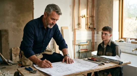 Artisan plombier expérimenté examinant des plans techniques sur un chantier de rénovation