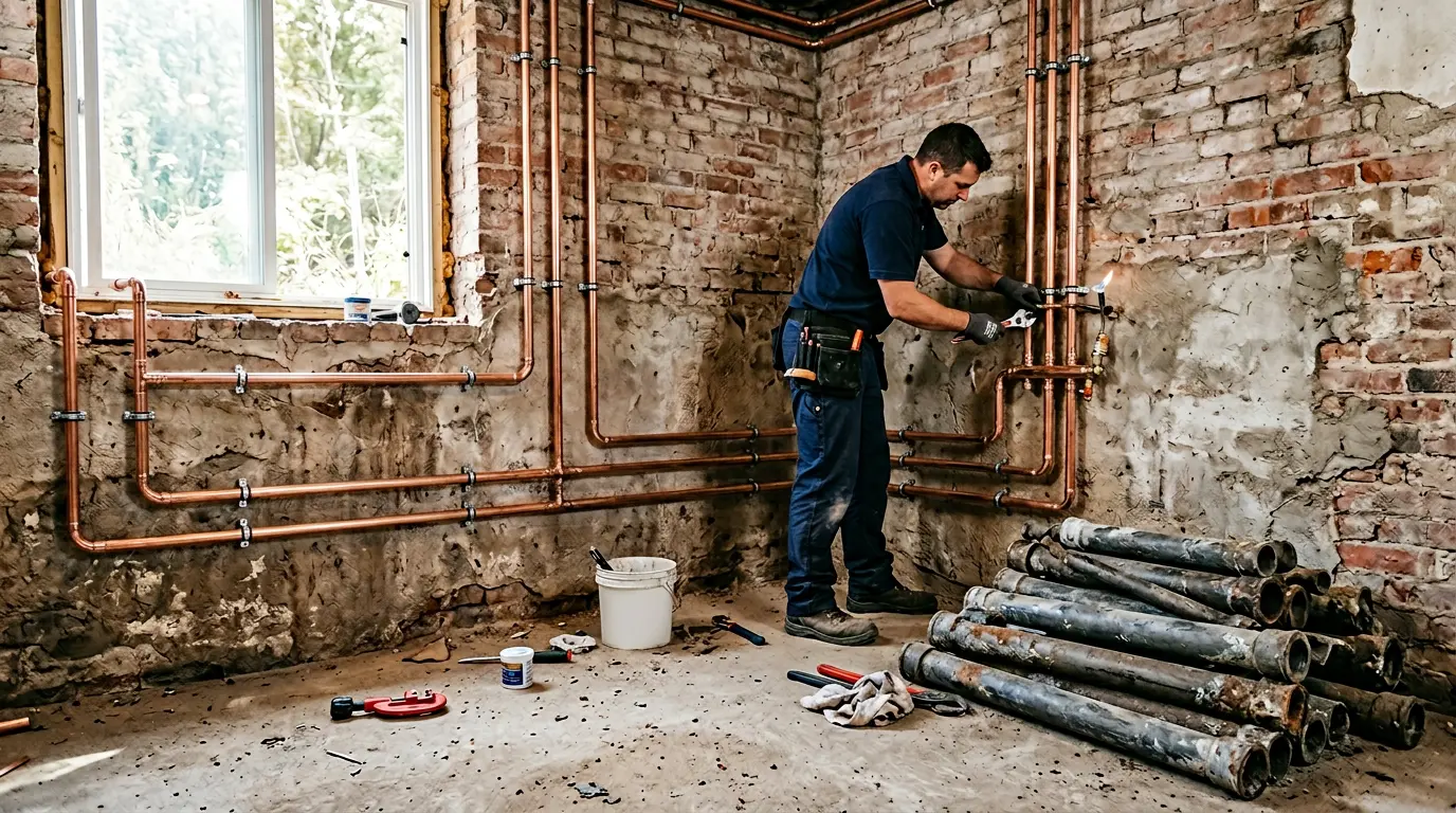 Tuyaux de cuivre brillants remplaçant d'anciennes canalisations dans une maison en rénovation