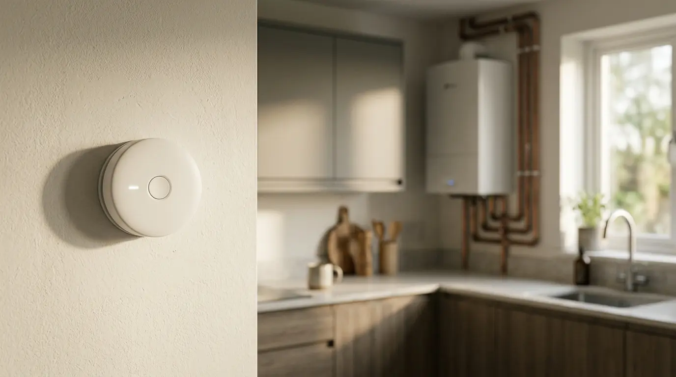 Détecteur de monoxyde de carbone installé dans une cuisine moderne avec installation gaz visible