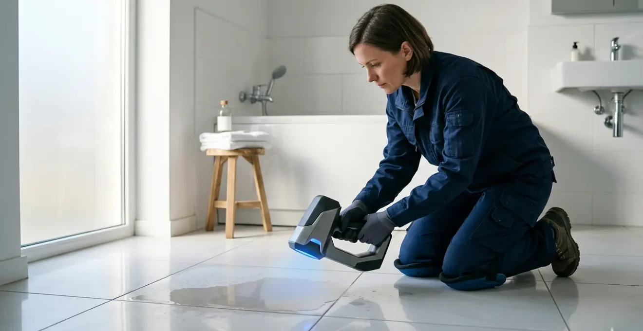 Technicien utilisant une caméra thermique pour détecter une fuite d'eau sous un carrelage dans une salle de bain