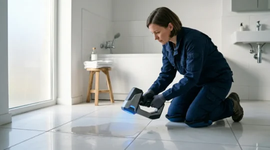 Technicien utilisant une caméra thermique pour détecter une fuite d'eau sous un carrelage dans une salle de bain