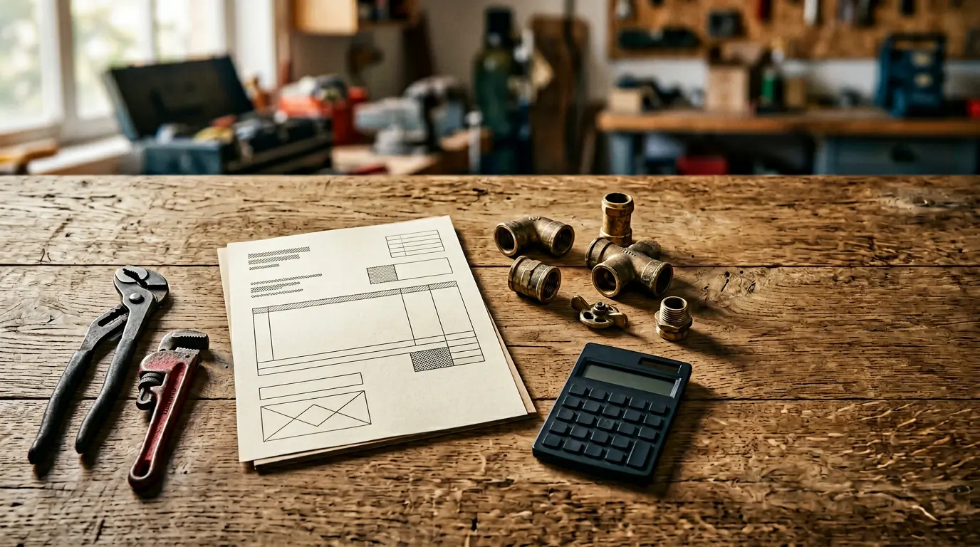 Vue rapprochée d'un devis de plomberie annoté avec un stylo et des outils d'artisan posés sur une table en bois