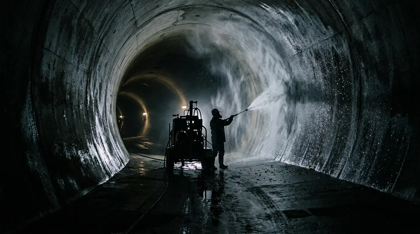 Vue rapprochée d'un système d'hydrocurage haute pression en action dans une canalisation souterraine