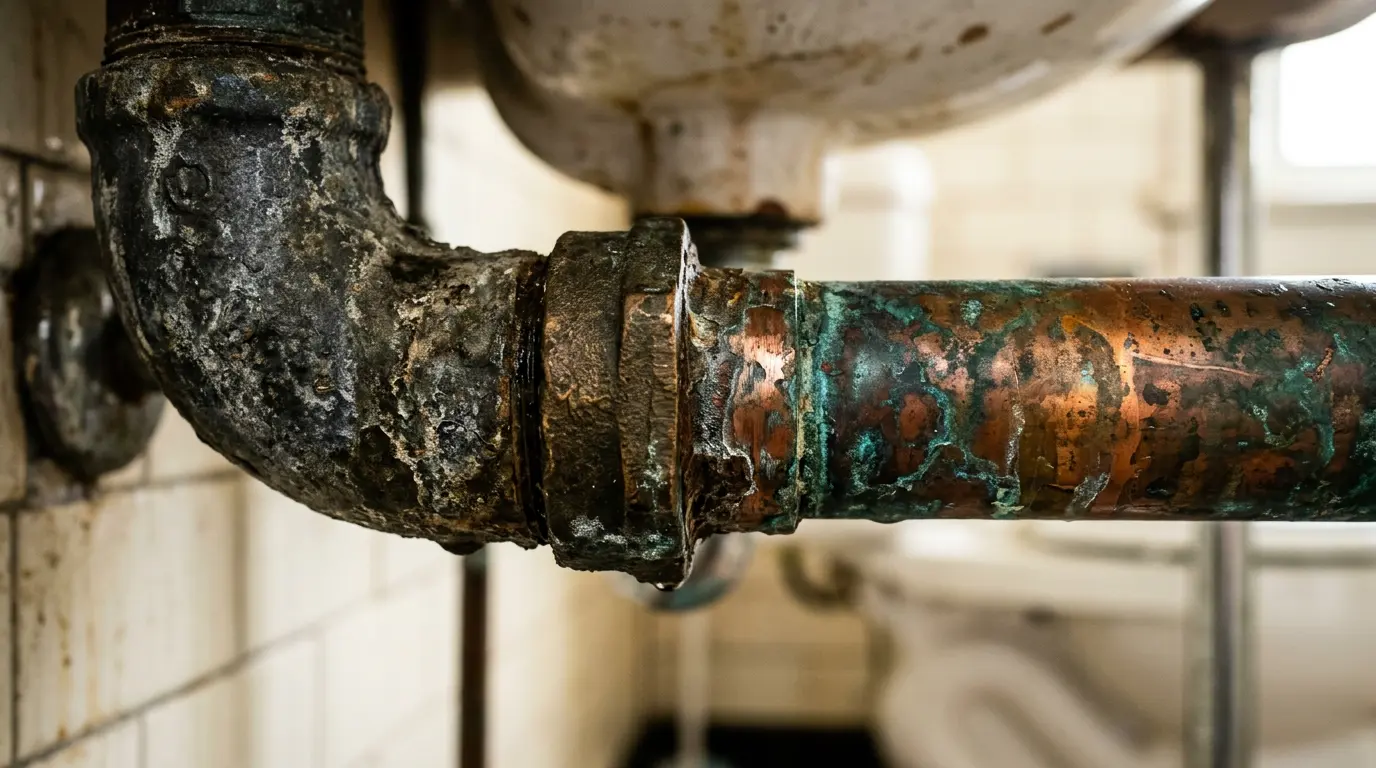 Inspection détaillée de tuyauterie ancienne sous évier avec traces d'oxydation visibles