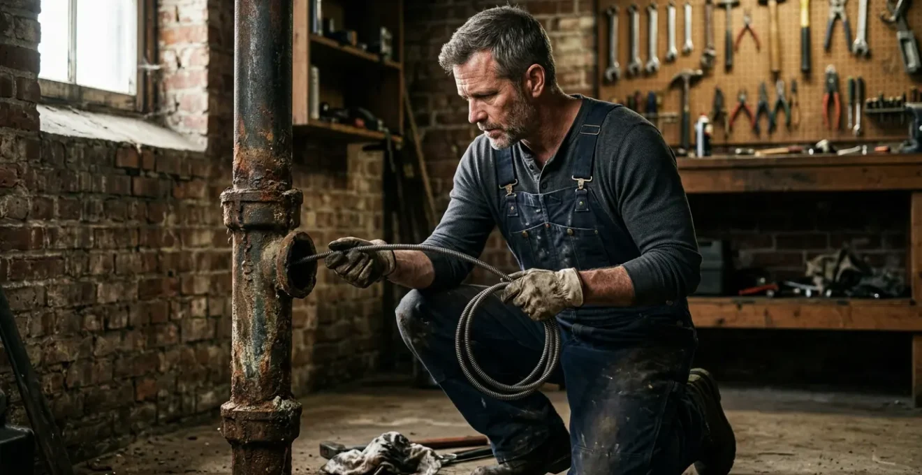 Plombier professionnel examinant une canalisation ancienne en fonte avec un furet flexible