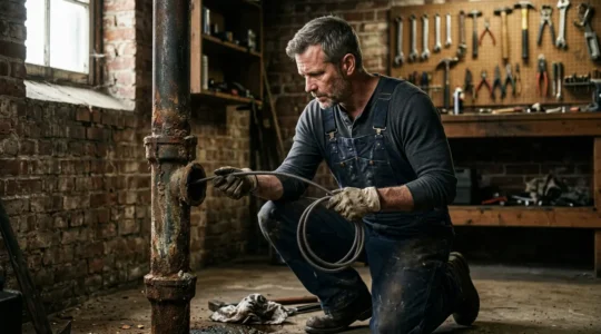 Plombier professionnel examinant une canalisation ancienne en fonte avec un furet flexible