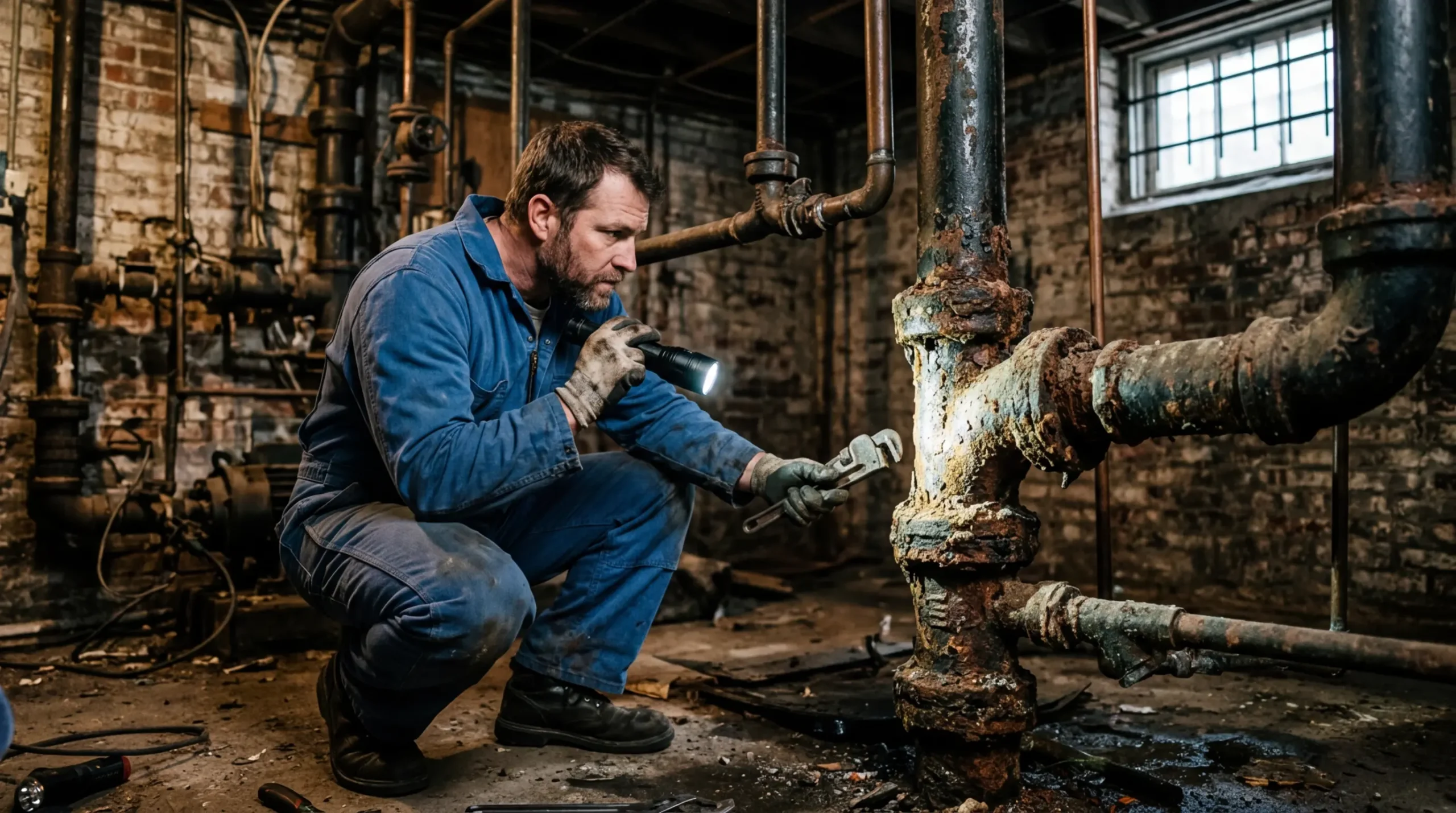 Plombier professionnel examinant l'intérieur d'une canalisation ancienne avec une lampe torche dans une cave