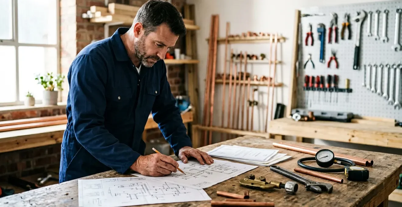 Plombier professionnel examinant des documents de certification avec des outils de plomberie sur un établi