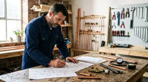 Plombier professionnel examinant des documents de certification avec des outils de plomberie sur un établi