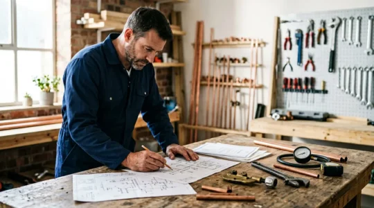 Plombier professionnel examinant des documents de certification avec des outils de plomberie sur un établi