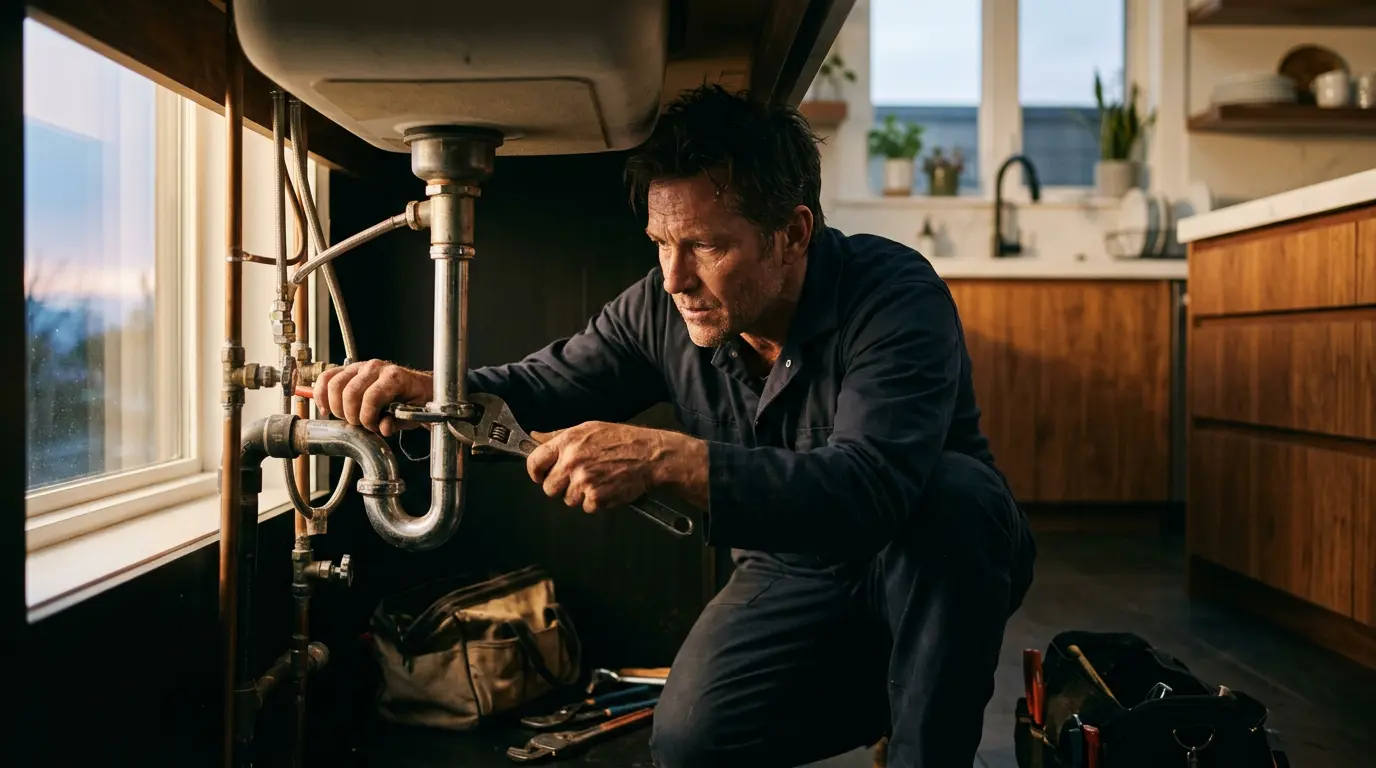 Plombier en intervention urgente dans une cuisine moderne, travaillant sous un évier avec des outils professionnels dans une lumière tamisée de fin de soirée