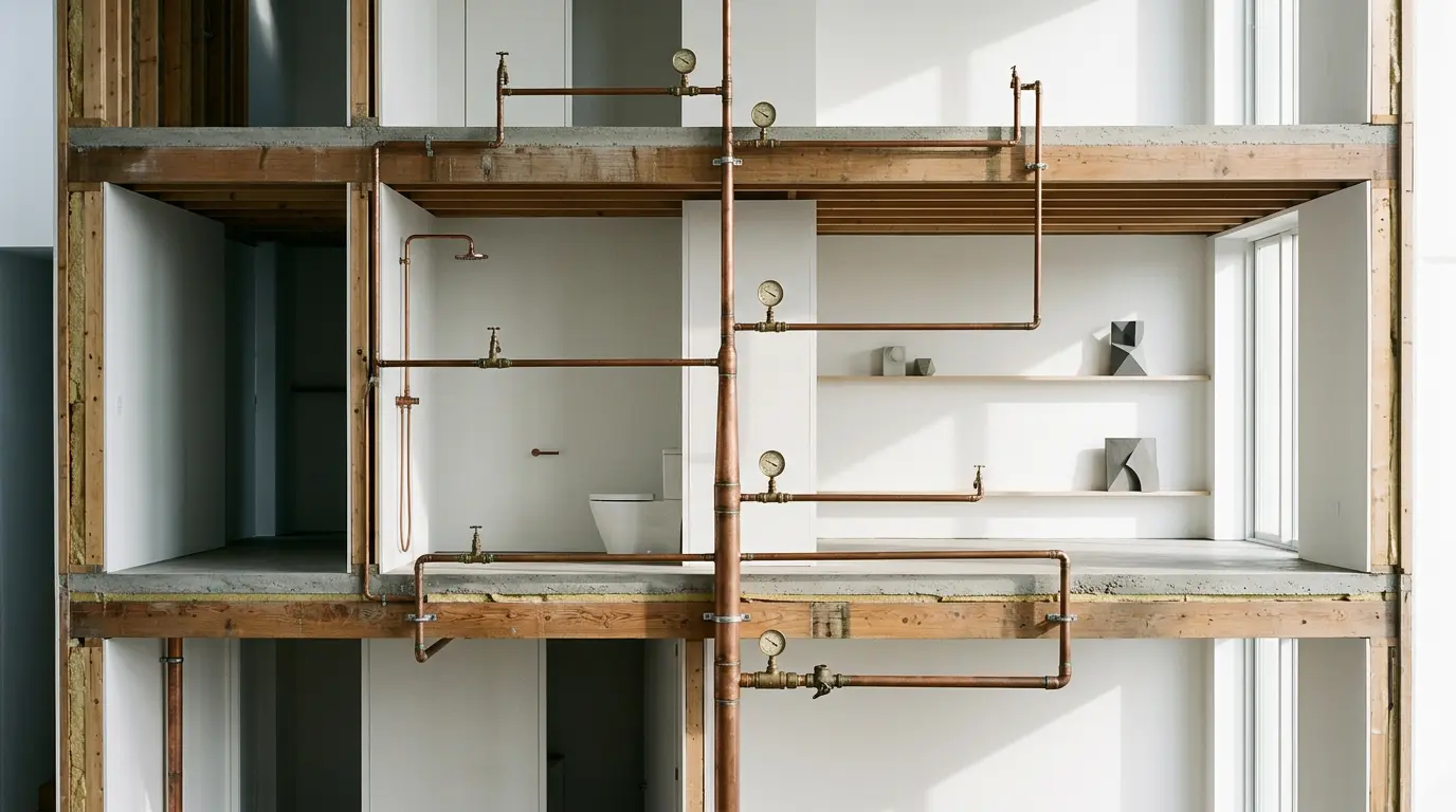 Vue d'un système de plomberie domestique montrant les différents niveaux d'une maison avec manomètres et tuyauterie