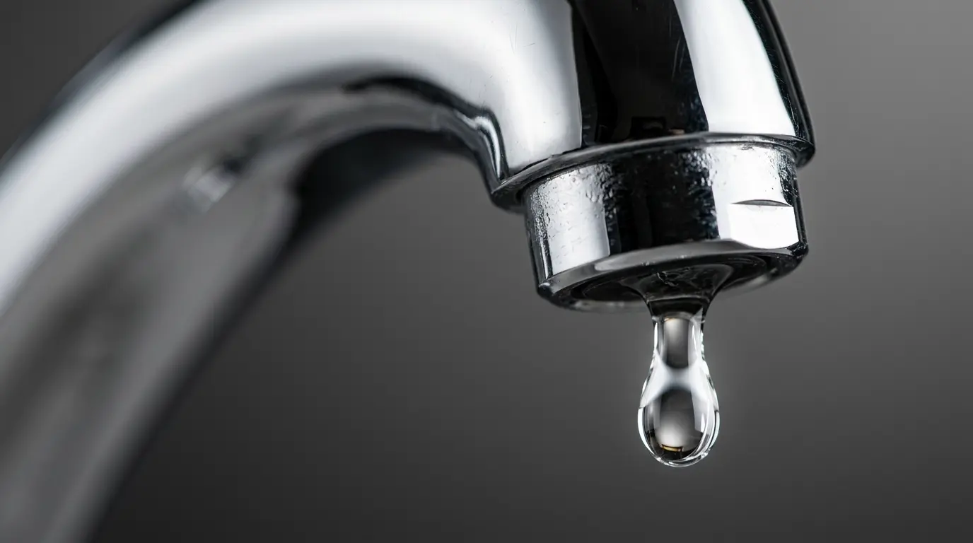 Gros plan sur un robinet chromé avec goutte d'eau suspendue