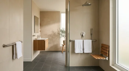 Salle de bain adaptée pour senior avec douche à l'italienne et équipements de sécurité élégants