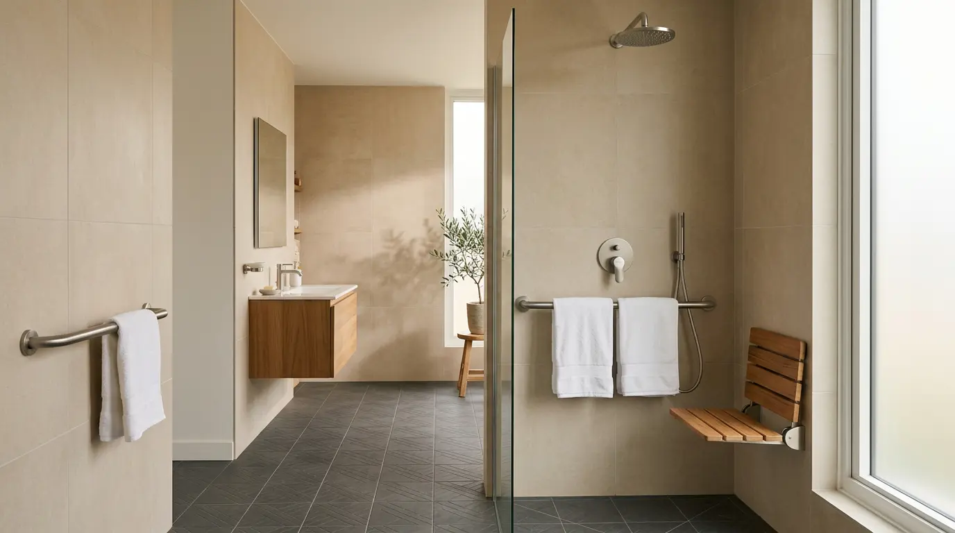 Salle de bain adaptée pour senior avec douche à l'italienne et équipements de sécurité élégants
