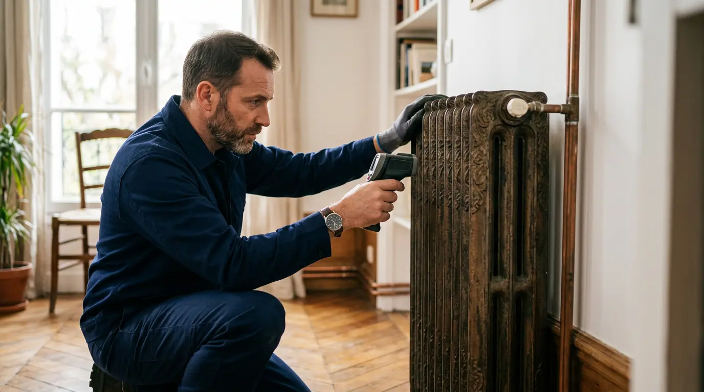 Technicien vérifiant la température d'un radiateur en fonte lors de l'installation d'une pompe à chaleur