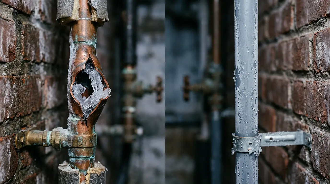Comparaison visuelle entre un tuyau en cuivre éclaté par le gel et un tuyau multicouche résistant dans un environnement hivernal
