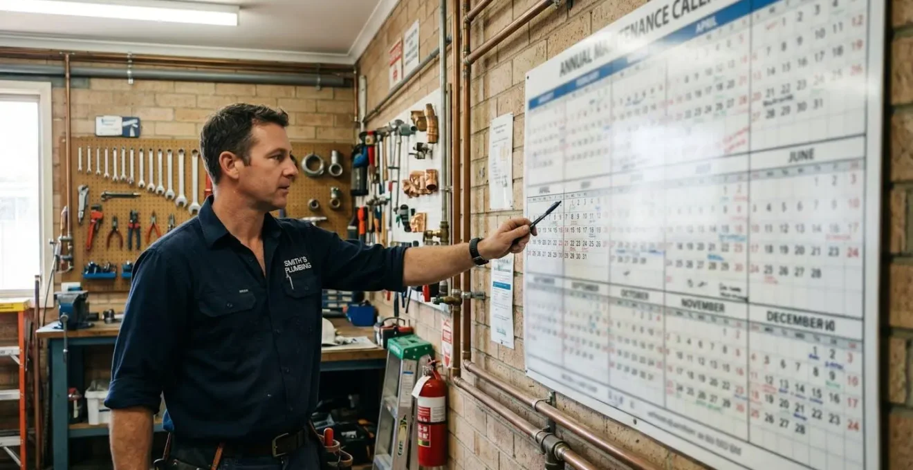 Planning annuel de maintenance préventive des canalisations affiché dans un local technique, avec un plombier pointant une date.