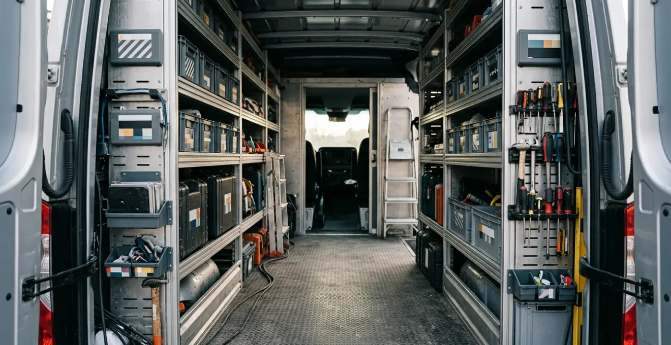 Vue intérieure d'une camionnette d'artisan avec aménagement professionnel et rangements optimisés