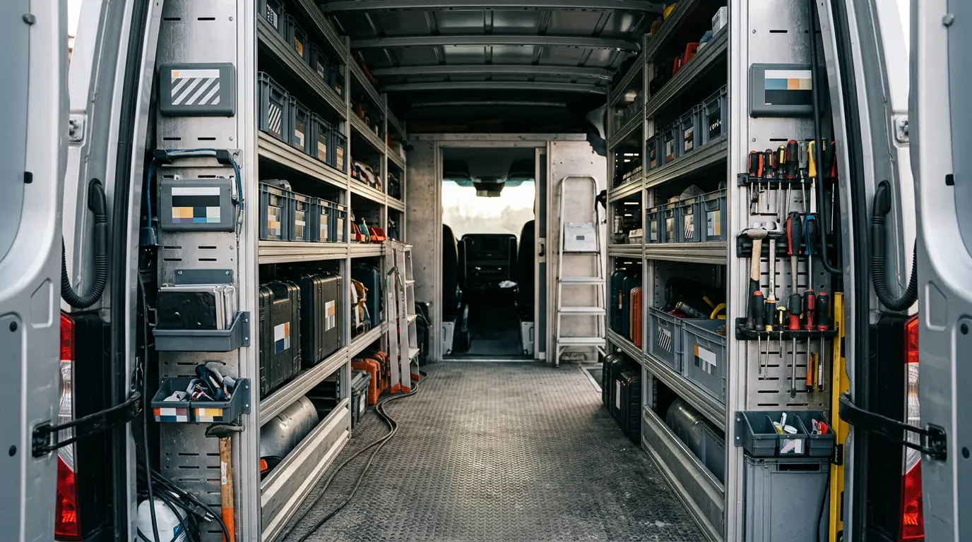 Vue intérieure d'une camionnette d'artisan avec aménagement professionnel et rangements optimisés