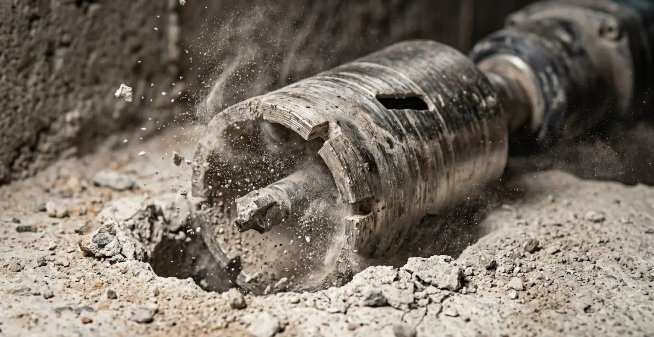 Carotteuse professionnelle en action sur mur en béton vibré avec couronne diamantée