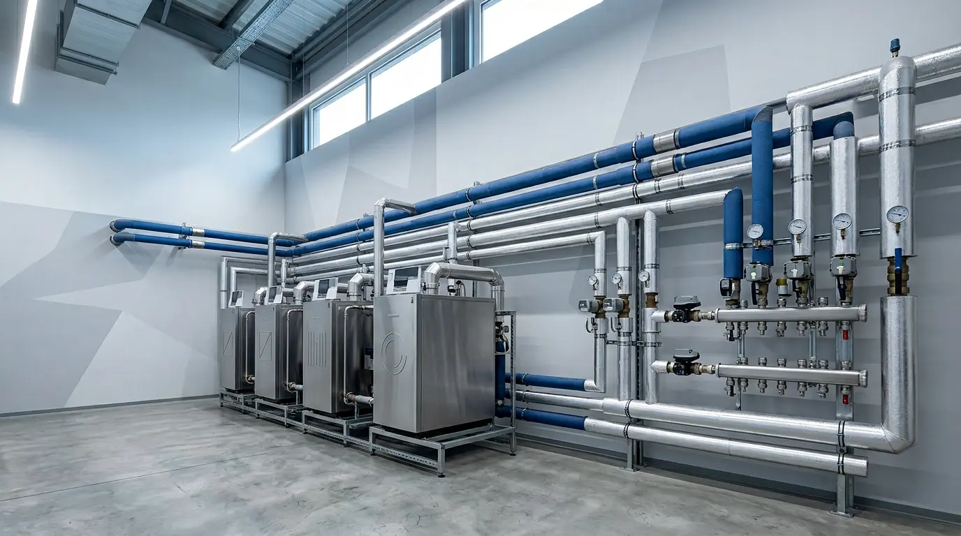 Chaufferie moderne avec cascade de chaudières en acier inoxydable et tuyauterie calorifugée