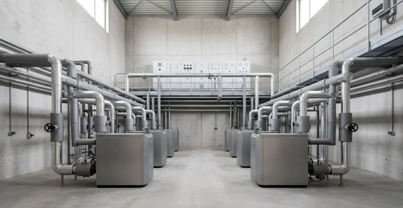 Vue large d'une salle technique avec plusieurs chaudières en cascade et tuyauteries isolées