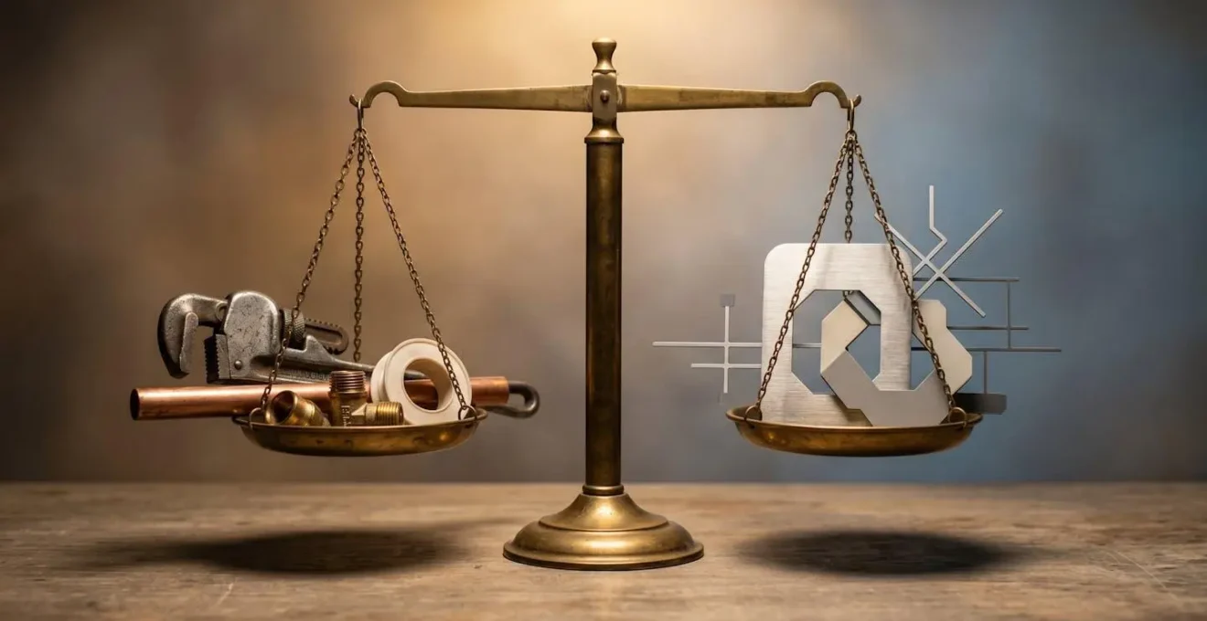 Balance symbolique avec outils de plombier traditionnels d'un côté et smartphone de l'autre sur fond neutre