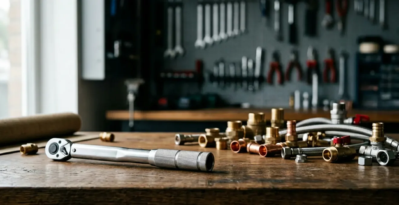 Clé dynamométrique professionnelle posée sur un établi avec raccords en laiton et flexibles de plomberie