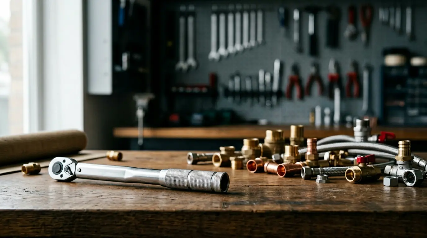 Clé dynamométrique professionnelle posée sur un établi avec raccords en laiton et flexibles de plomberie