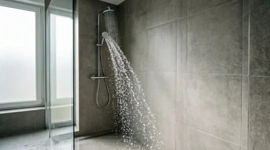 Vue rapprochée de jets d'eau puissants sortant d'une colonne de douche hydromassante moderne dans une salle de bain