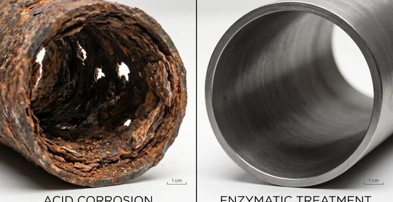 Vue en coupe de deux tuyaux anciens montrant l'effet destructeur de l'acide à gauche et l'intérieur propre après un traitement enzymatique à droite.