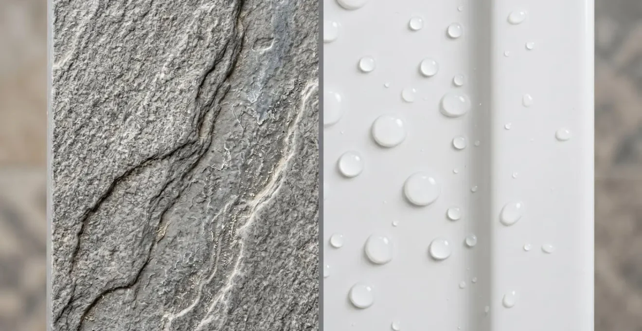 Comparaison macro de deux surfaces de receveur de douche montrant l'accumulation de calcaire sur finition ardoise versus finition lisse