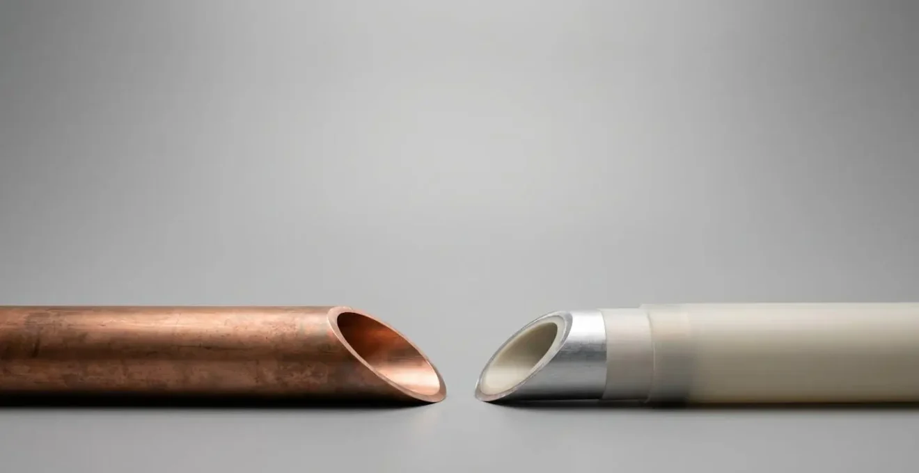 Disposition épurée de sections de tuyaux cuivre et multicouche sur fond neutre