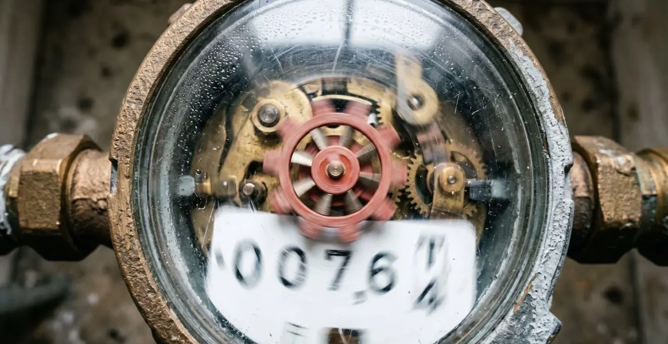 Compteur d'eau avec petite roue tournante indiquant une fuite en cours