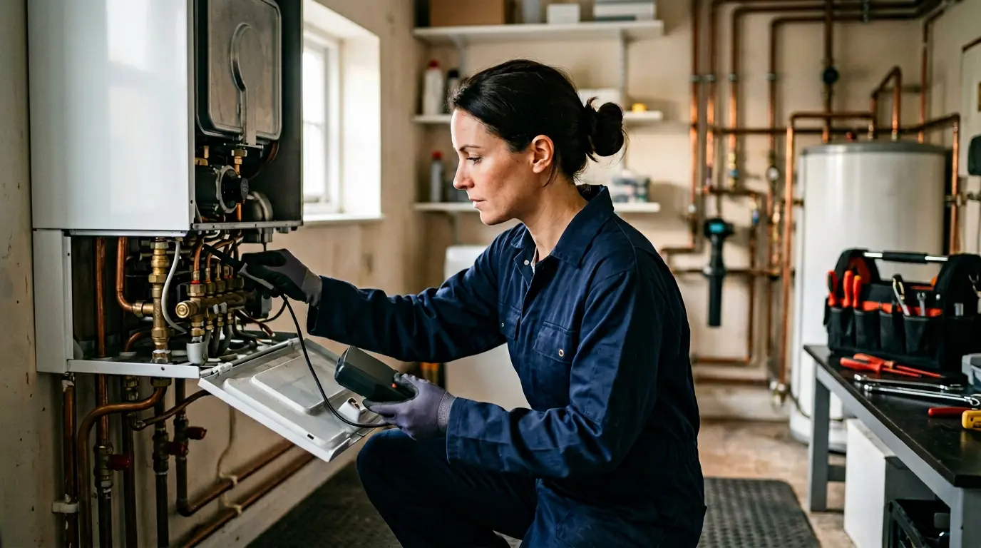 Technicien certifié effectuant l'inspection annuelle d'une chaudière gaz avec ses outils professionnels