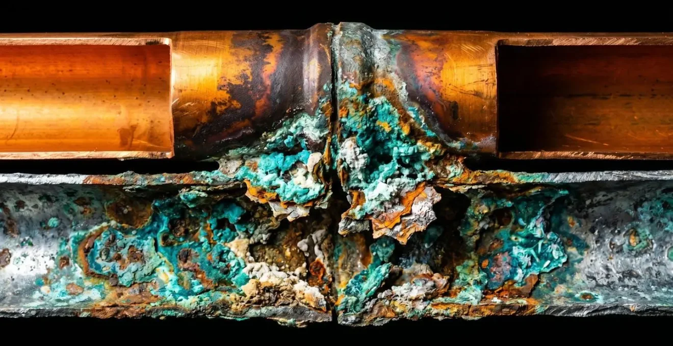 Vue en coupe d'un raccord montrant la corrosion entre cuivre et acier galvanisé