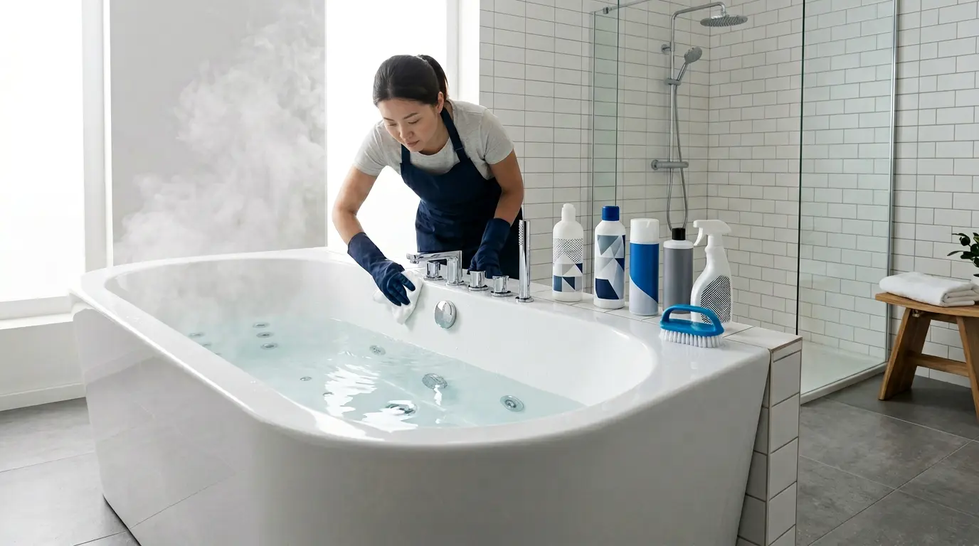 Nettoyage des buses d'une baignoire balnéo avec des produits d'entretien professionnels