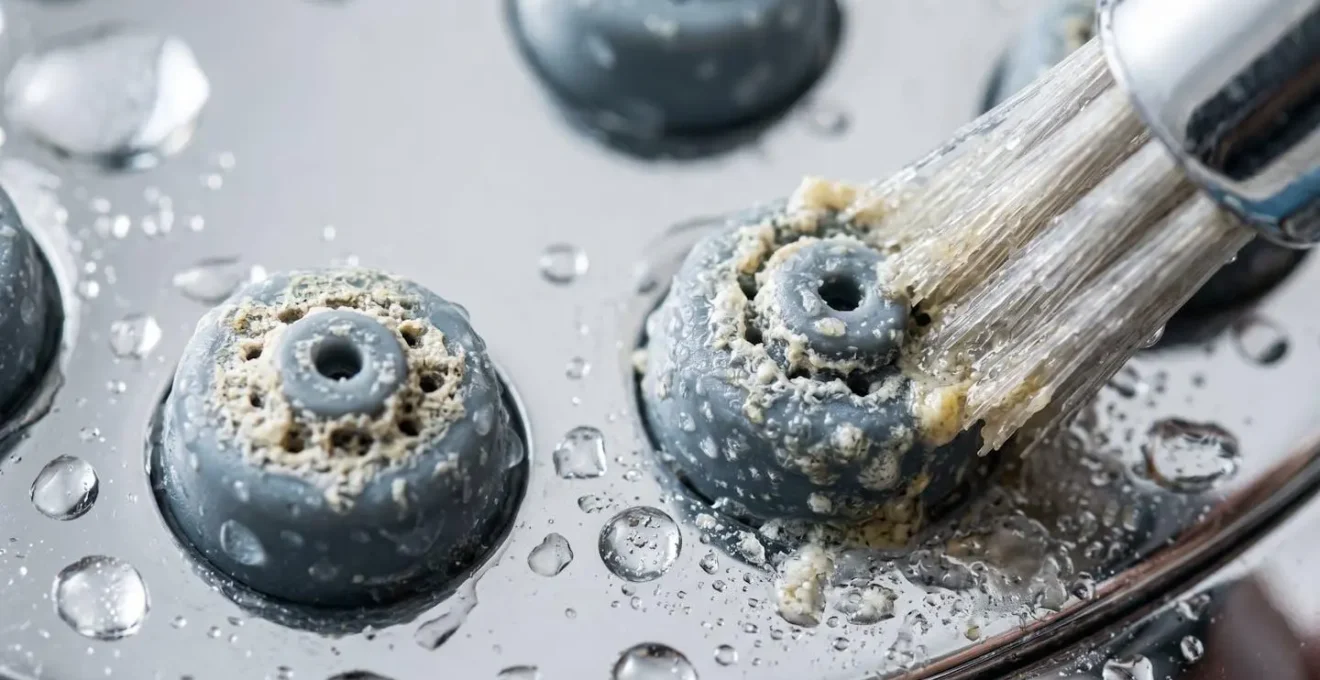 Gros plan sur des buses en silicone d'une colonne de douche en cours de nettoyage