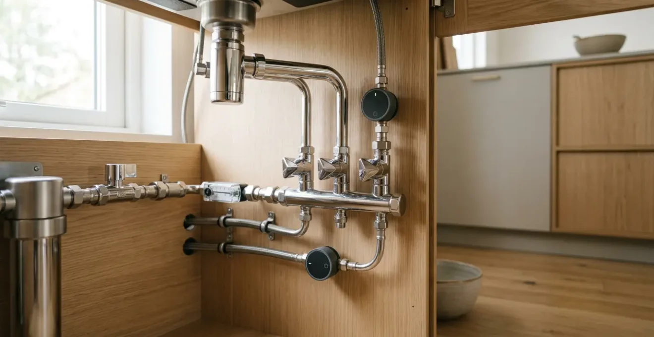 Détecteur de fuite connecté installé sous un évier de cuisine moderne avec système de coupure automatique