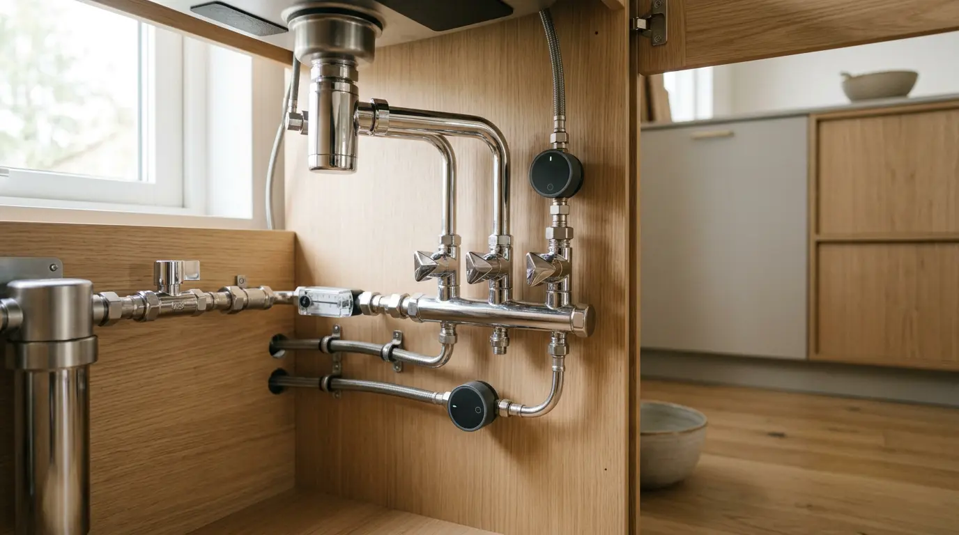 Détecteur de fuite connecté installé sous un évier de cuisine moderne avec système de coupure automatique