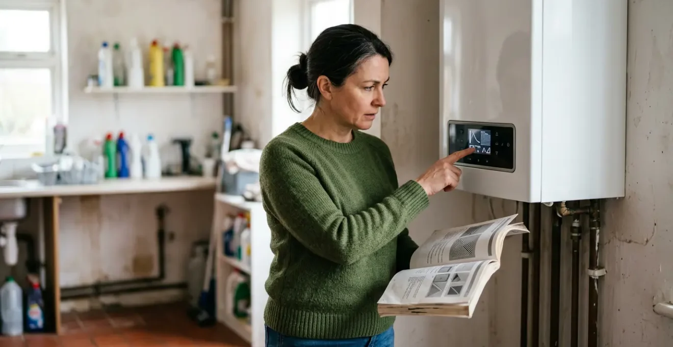 Vue détaillée d'un propriétaire consultant le manuel d'une chaudière murale moderne avec écran d'affichage