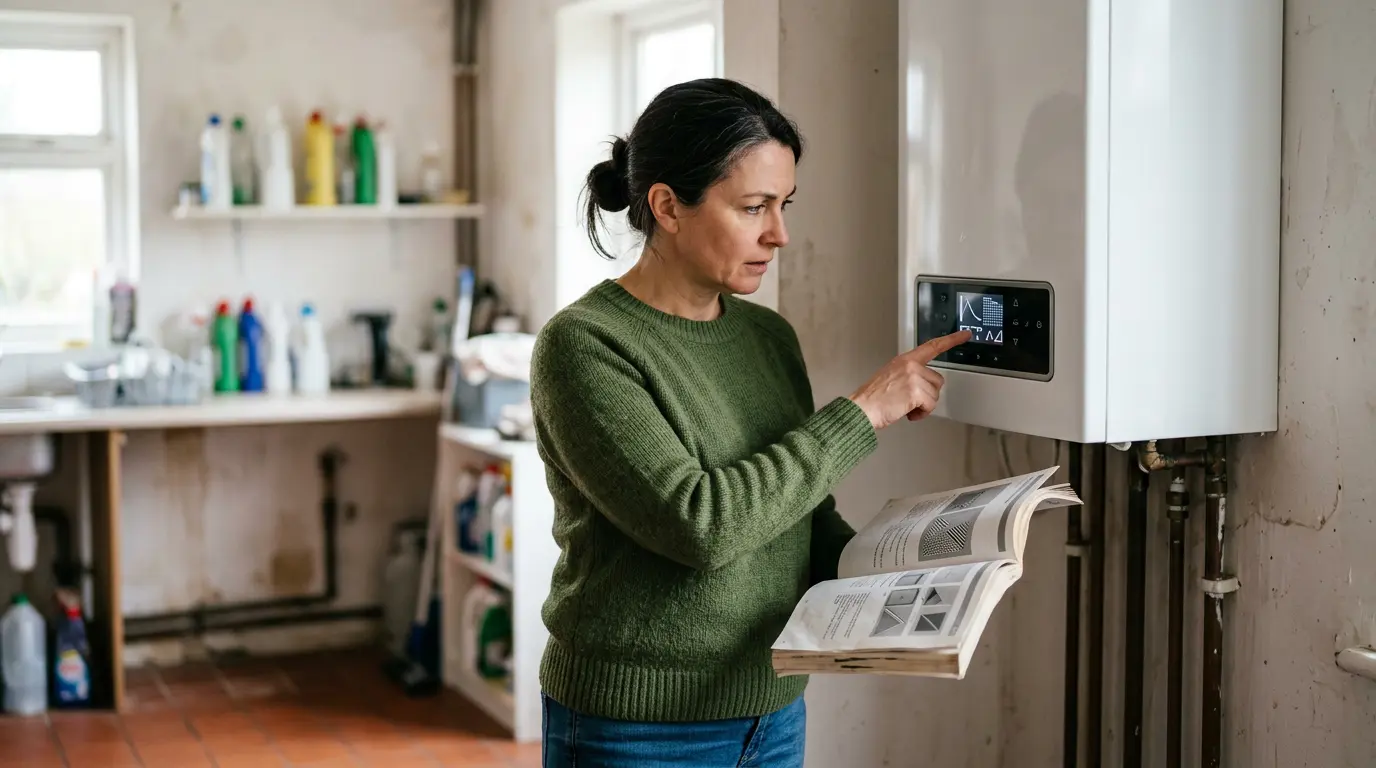 Vue détaillée d'un propriétaire consultant le manuel d'une chaudière murale moderne avec écran d'affichage