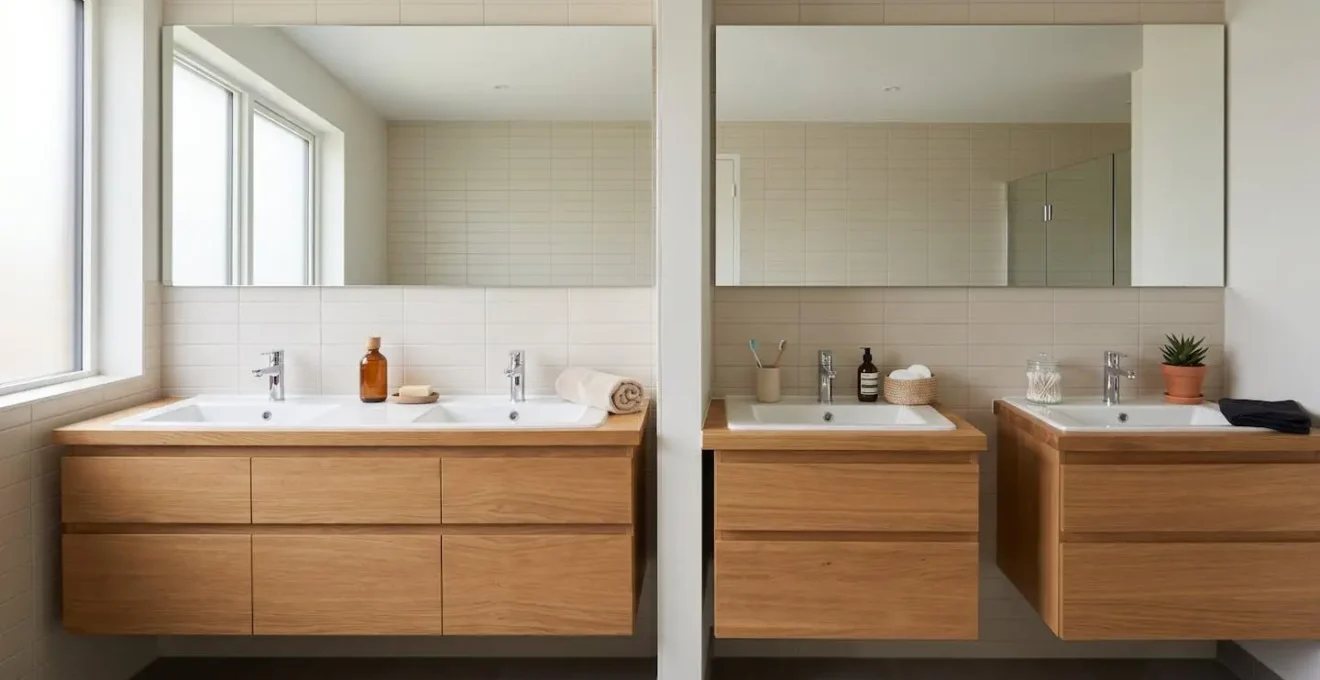 Vue aérienne comparant l'agencement d'une double vasque et de deux vasques simples dans une salle de bain
