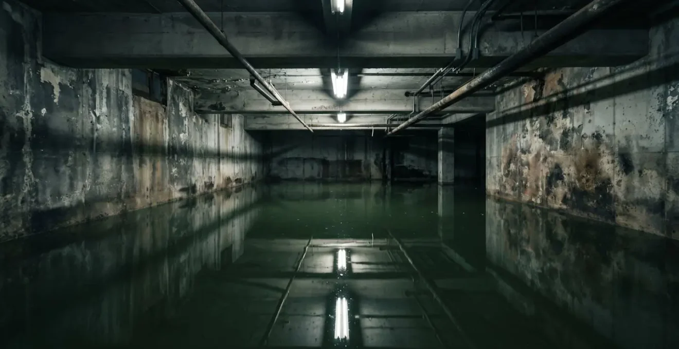 Sous-sol inondé avec eau stagnante montrant les risques sanitaires