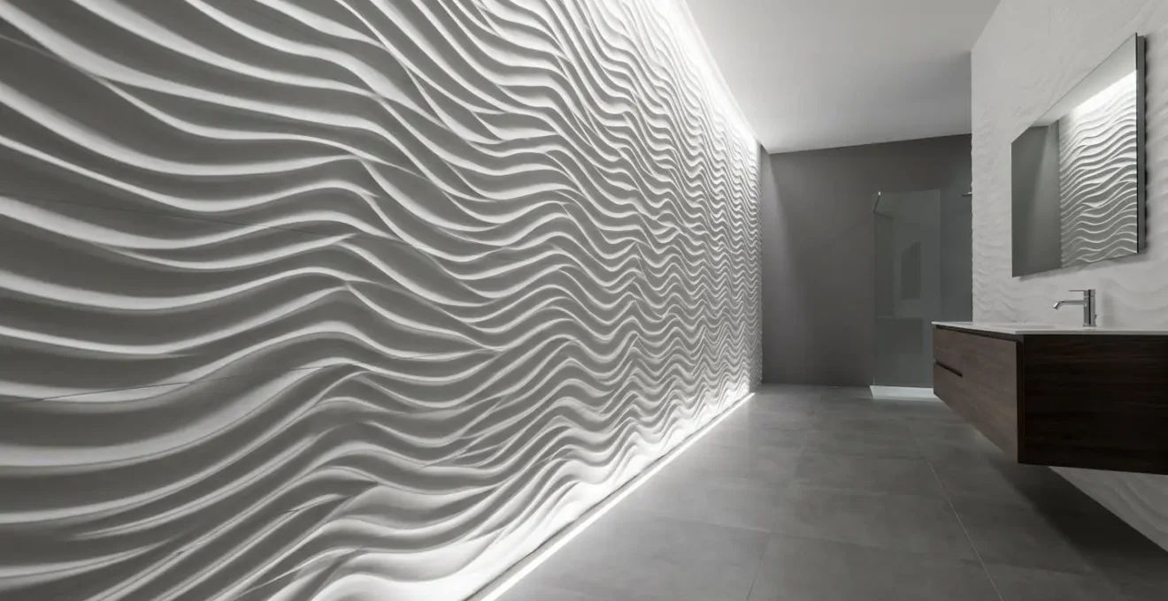 Éclairage LED rasant illuminant un mur de carrelage 3D
