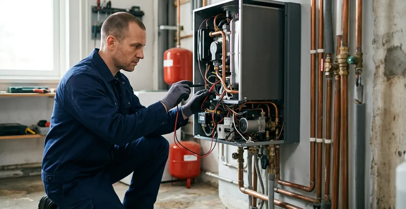 Technicien effectuant l'entretien annuel d'une chaudière dans une buanderie moderne