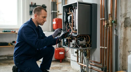 Technicien effectuant l'entretien annuel d'une chaudière dans une buanderie moderne