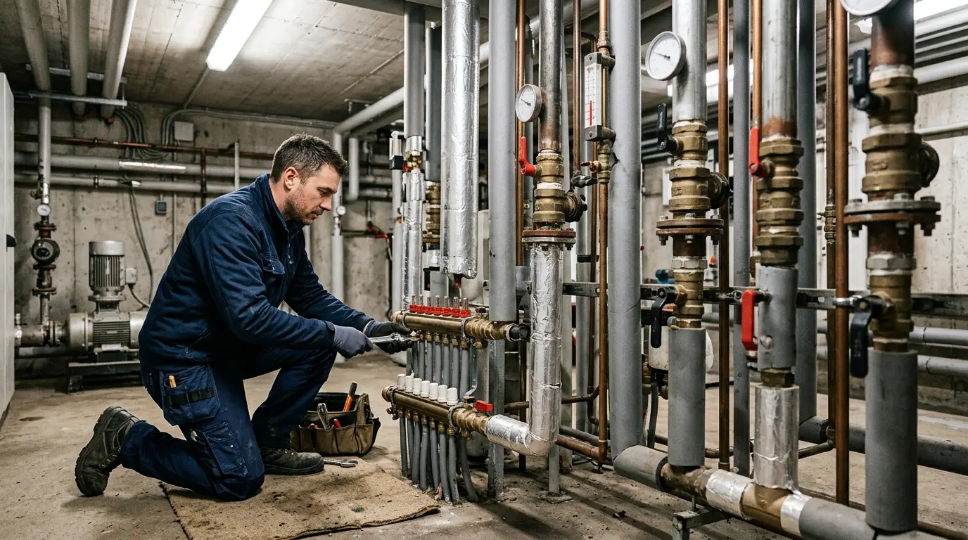 Technicien ajustant les vannes d'équilibrage sur un système de chauffage collectif dans un sous-sol technique
